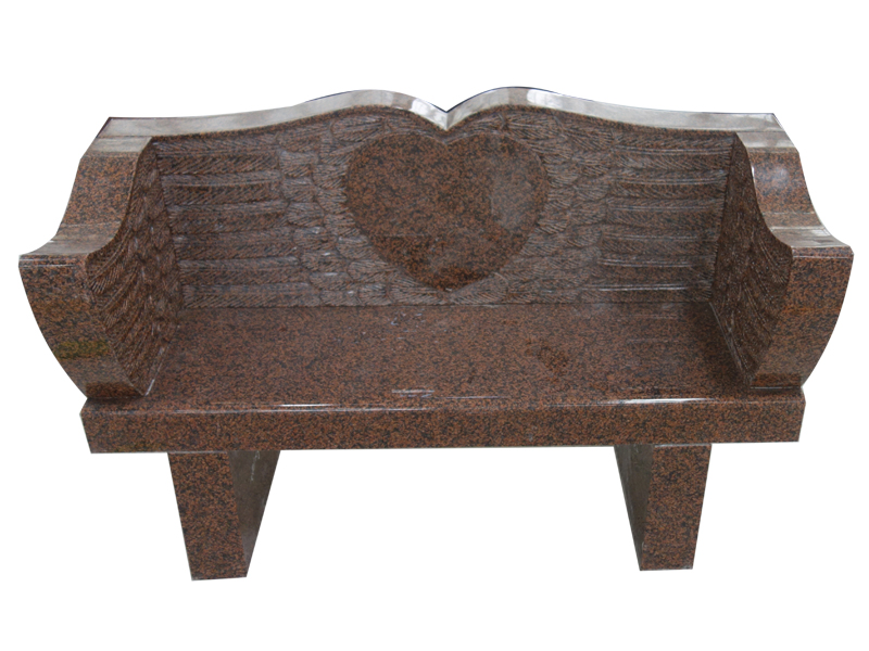 Red Granite Memorial Bench With Carved Heart And Wings